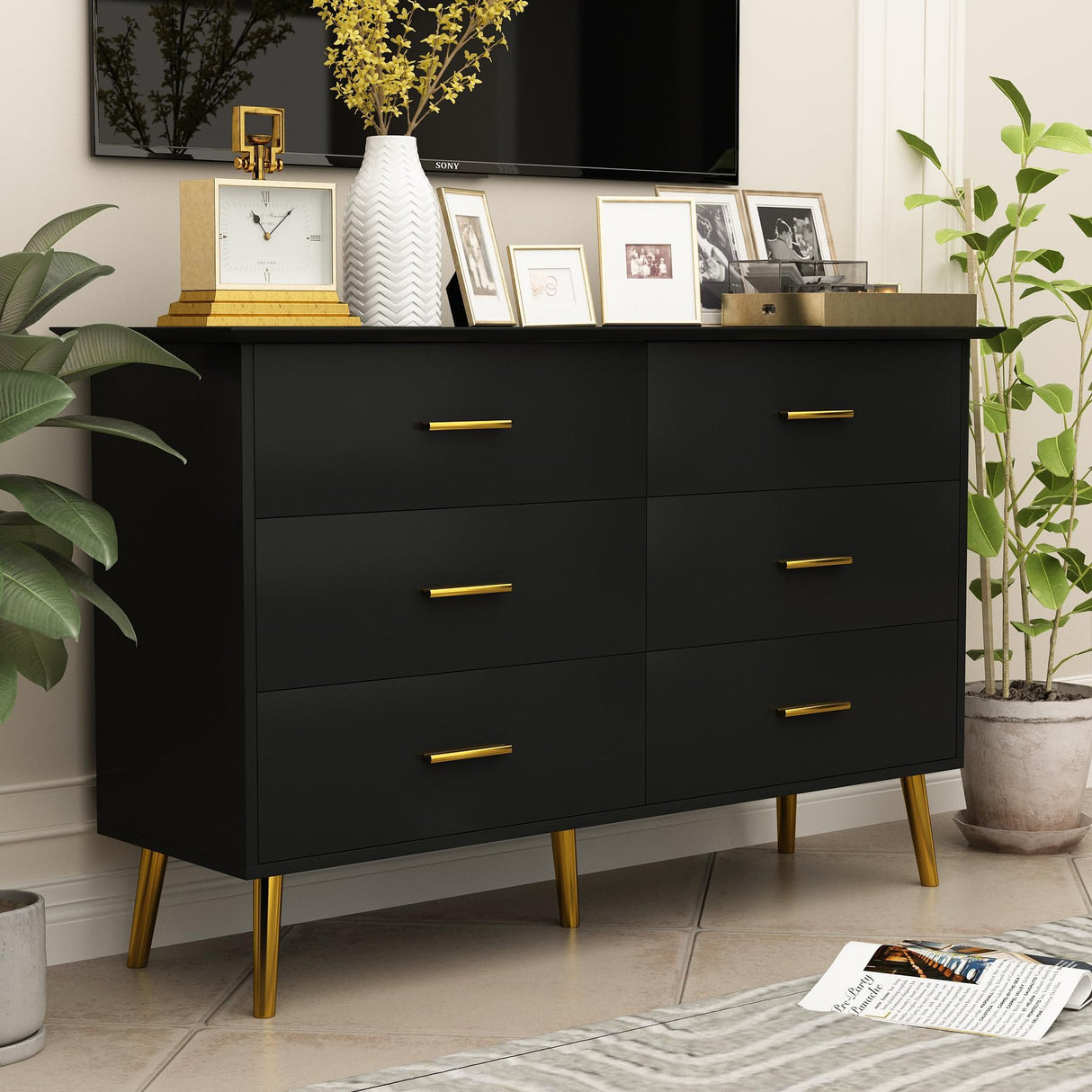 HUANLEGO Black Dresser for Bedroom with LED Lights, Modern 6 Dressers & Chests of Drawers Dresser Wood Dressers Bedroom Furniture 6 Drawers Dresser Storage Organizer for Bedroom Living Room HUANLEGO