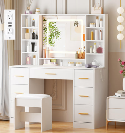 ANWBROAD Vanity Desk Table with Lighted Mirror and Lights Makeup Vanity Desk 39.4“ with Power Outlet 3 Colors Lighting Adjustable Brightness Vanity Table for Bedroom Dressing Room (White + 7 Drawers)