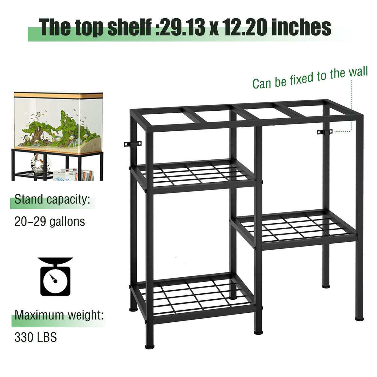 YBING Fish Tank Stand 20 Gallon Aquarium Stand Aquarium Turtle Tank Reptile Tank Stand with 3-Tier Small Metal Shelf YBING