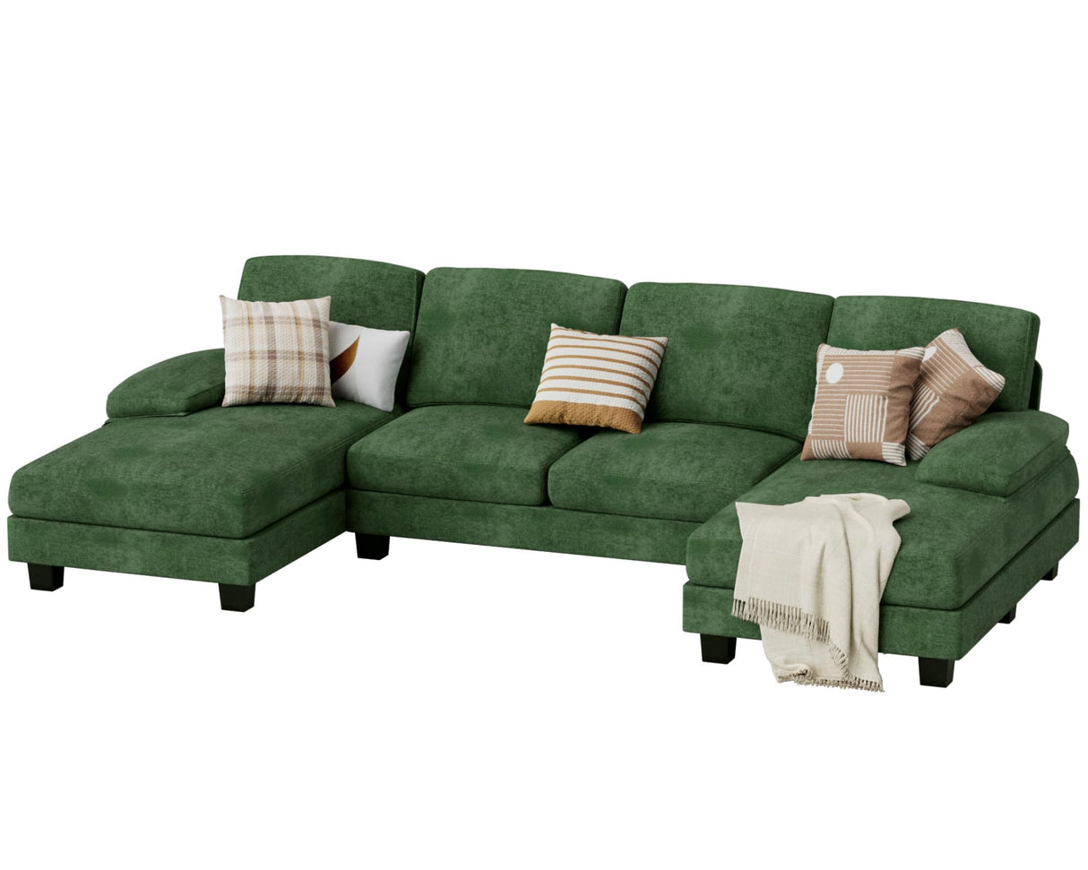 JUMMICO Sectional Couches for Living Room, U Shaped Couch with Chenille Fabric, 4 Seat Modern Sofa with Removable Pillows for Apartment and Small Space (Fabric, Green) JUMMICO