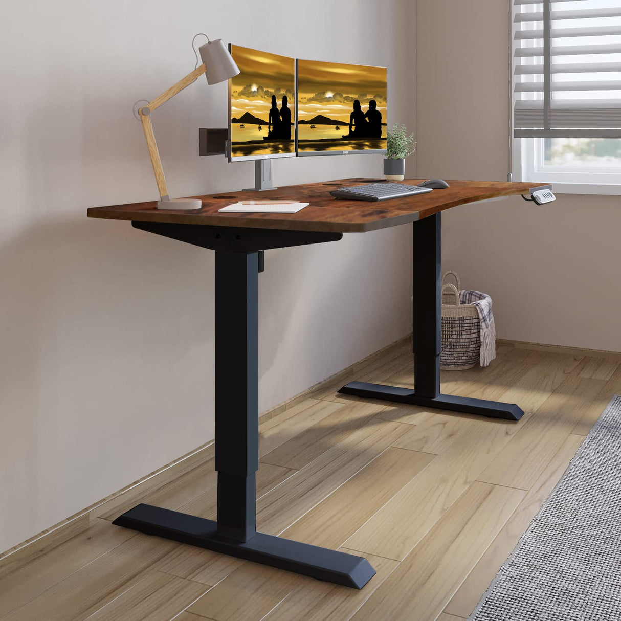 Jceet Dual Motor Electric Standing Desk - 63 x 30 Inch Adjustable Height Sit Stand Computer Desk with Splice Board, Stand Up Desk Table for Home Office, Rustic Brown Top(with Radian) Jceet