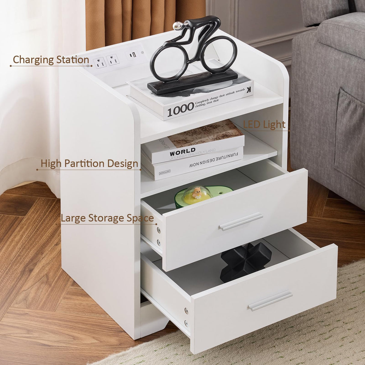 Mellolivin Nightstand Set of 2 with Charging Station and LED Lighting, White Night Stand with 2 Drawers, Modern Wood Nightstand, Bedside Table, End Table for Bedroom and Living Mellolivin