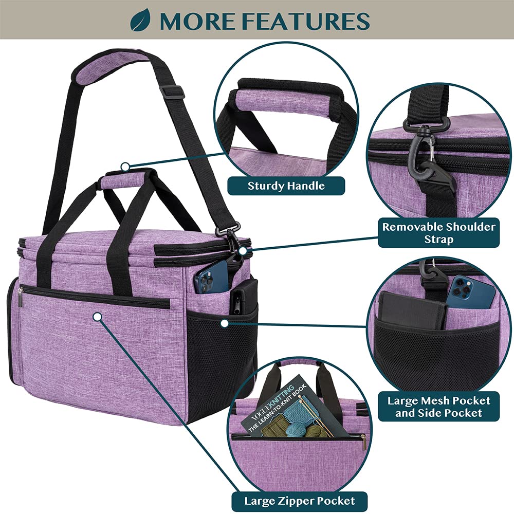 PAVILIA Knitting Bag Yarn Storage Tote, Large Crochet Organizer Bag, Yarn Storage Holder for Crocheting Knitter, Knitting Project Bag, Crochet Accessories Set, Gifts For Crochet Lovers, Heather Purple PAVILIA