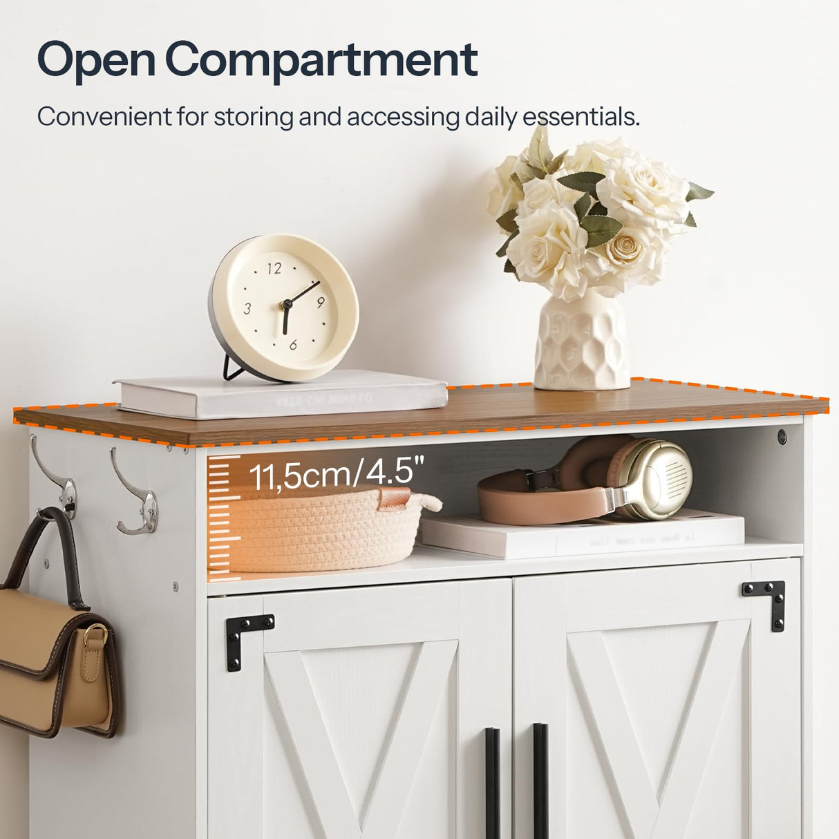 HOOBRO Shoe Cabinet, Farmhouse Shoe Storage Cabinet, Shoe Organizer Cabinet with Hooks and Adjustable Shelves, Shoe Cabinet Storage for Entryway, Living Room, White and Walnut WH16SC01 HOOBRO