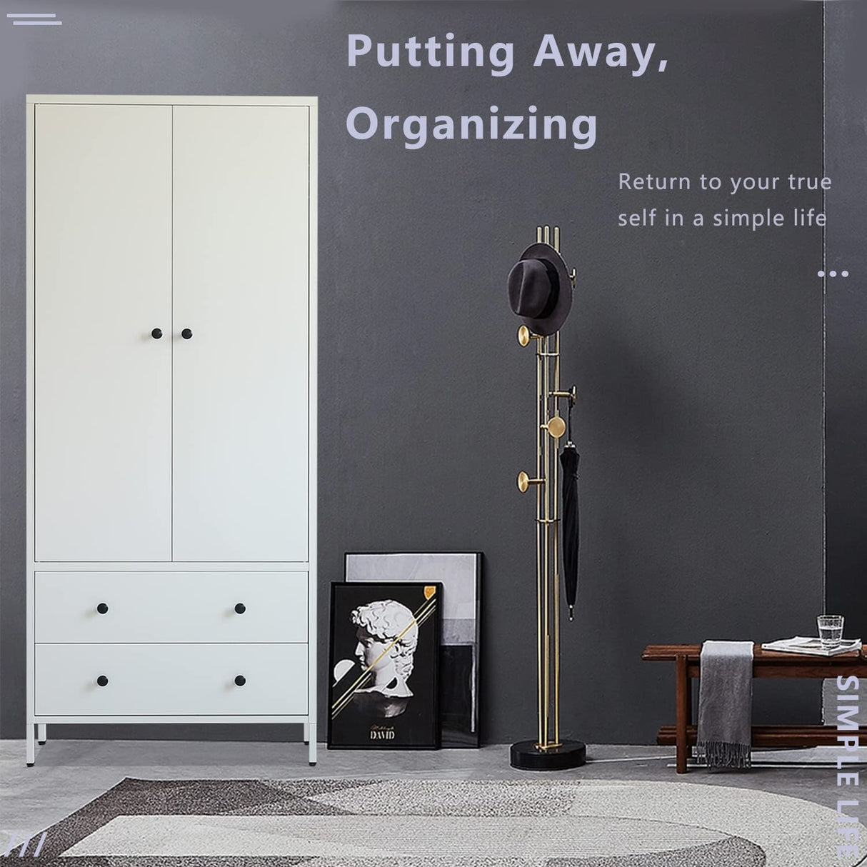 BESFUR Metal Wardrobe Cabinet with Hanging Rod, 74" H White Armoire Wardrobe Closet with Adjustable Shelves Farmhouse Metal Clothing Storage Cabinets for Bedroom,Office,Laundry Room BESFUR