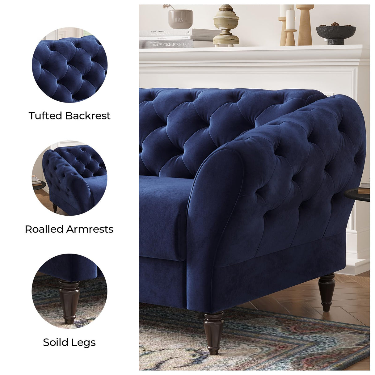 Fadware 81” Luxury Chesterfield Sofa, Velvet Loveseat with 2 Pillows& Retro Wooden Leg, Mid Century Modern 2-Seater Couch with Tufted Armrest& Back, Comfy Home Sofa for Living Room Bedroom Fadware