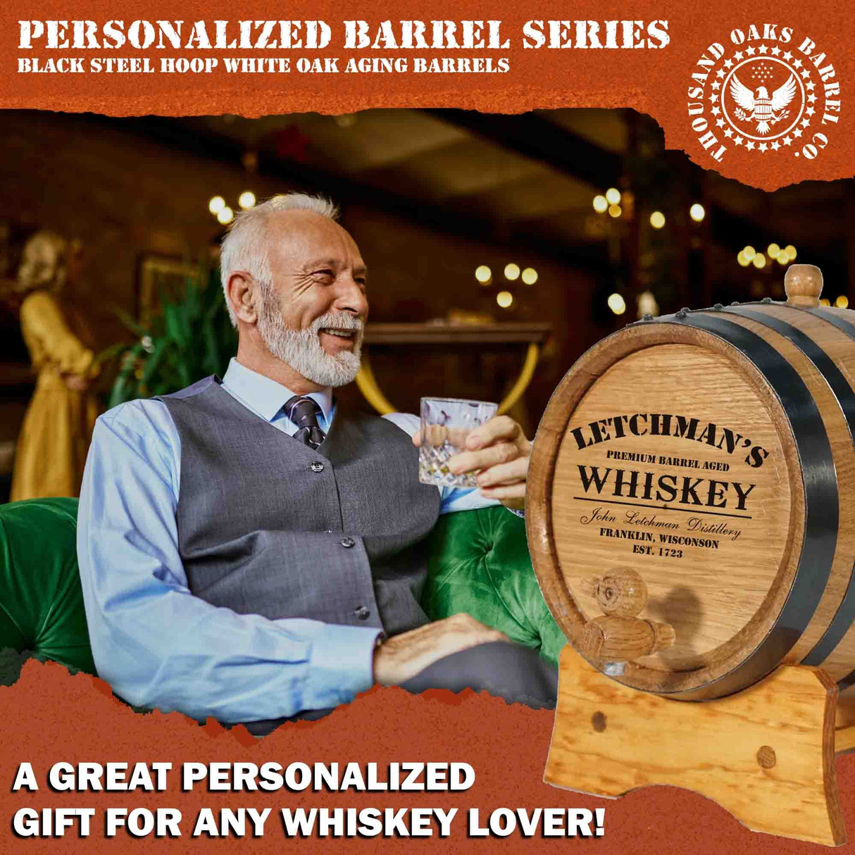 Thousand Oaks Barrel Co. Personalized 1 Liter Oak Aging Barrel Dispenser with Wood Stand, Bung & Spigot - Age Cocktails, Bourbon, Whisky, Rum, Tequila, Mead Wine - 1L Mini Whiskey Aging Barrels (P5) THOUSAND OAKS BARREL