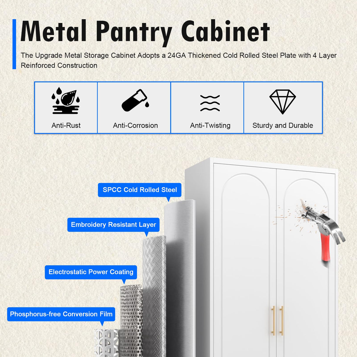 Polup White Kitchen Pantry Cabinet, 75" Tall Metal Pantry Storage Cabinet with Doors and Adjustable Shelves, Food Pantry Cabinets with Handle, Freestanding Cupboard for Living Room-Assemble Required Polup