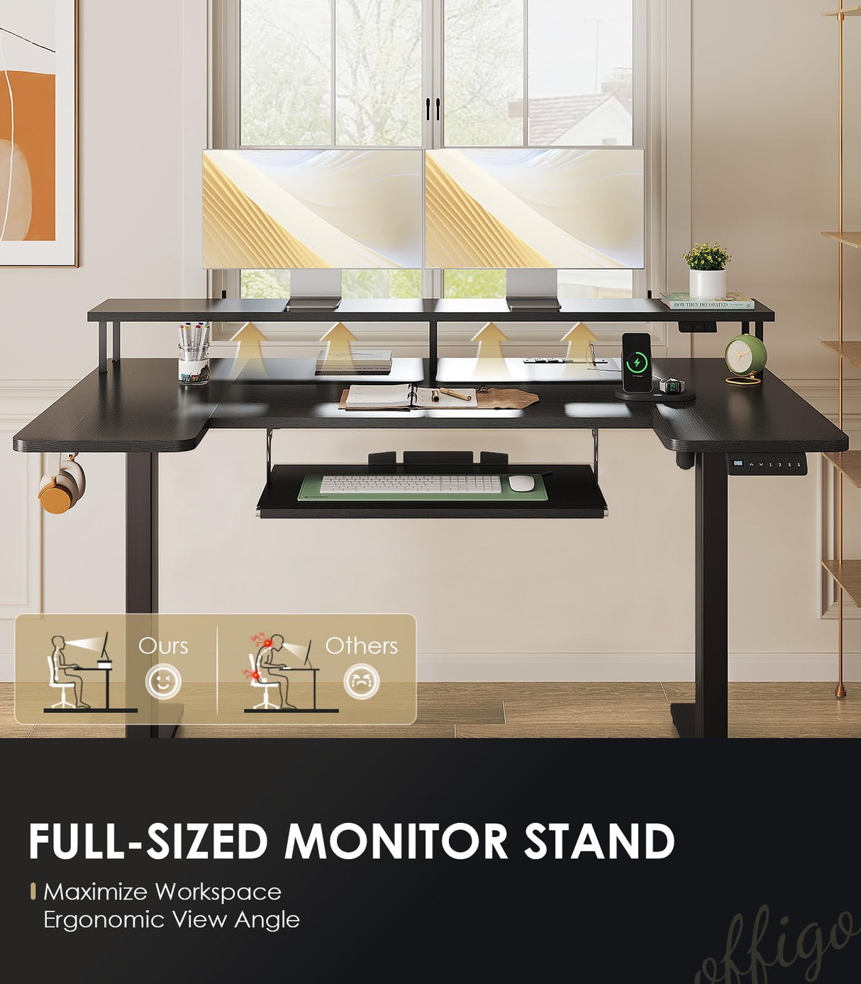 OffiGo U Shaped Electric Standing Desk with Keyboard Tray, 55 Inch Height Adjustable Desk with Power Outlets & LED Lights, Sit Stand Table with Monitor Stand for Home, Office, Black OffiGo
