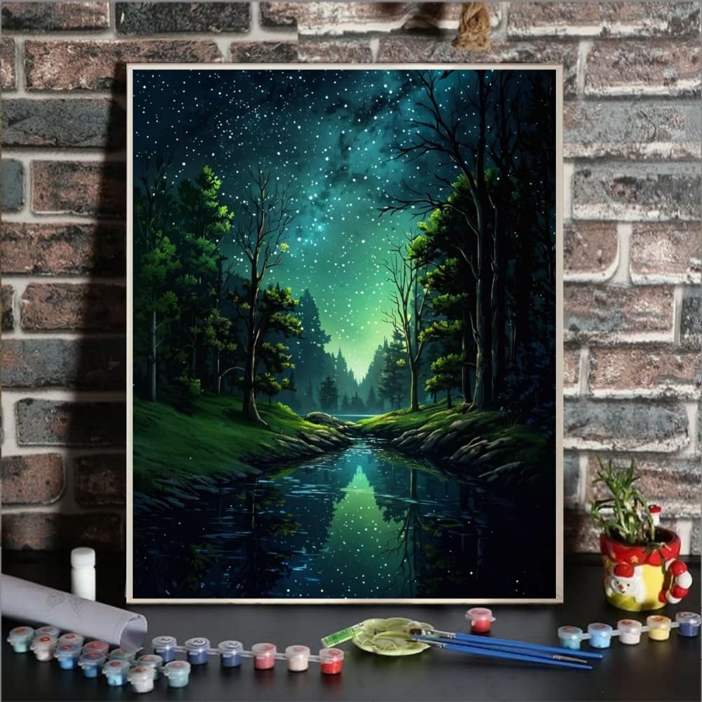 ldazao Starry Night Paint by Numbers Kit for Adults Beginner Forest Adult Paint by Number Kits Canvas Adults' Paint-by-Number Kits DIY Oil Painting Kits for Gift Home Wall Decor 16x20 Inch ldazao