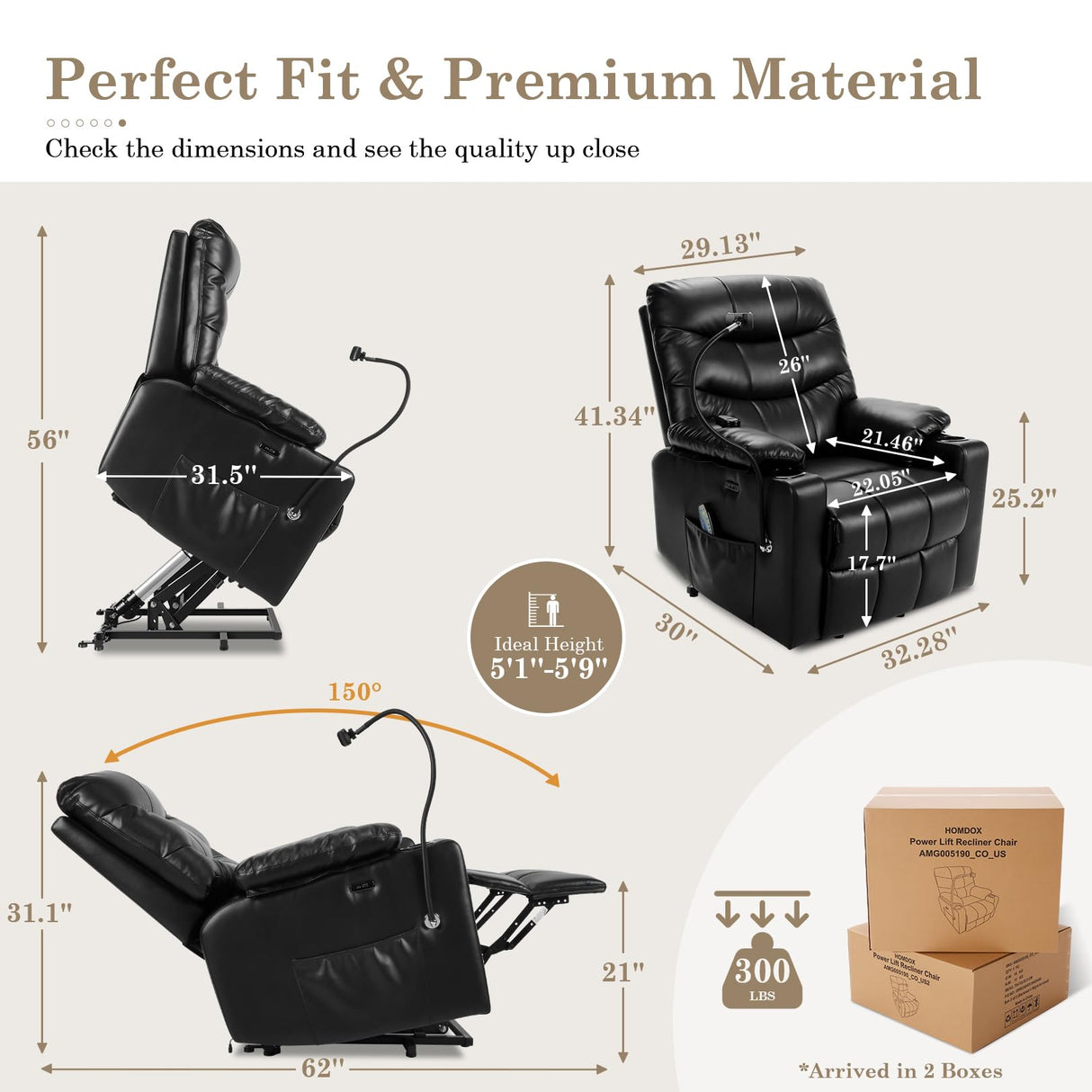 Homdox Power Lift Recliner Chair for Elderly, Electric Lift Chair with Assist Function and Heated Vibration Massage, Heavy Duty Remote Control Reclining Sofa with Phone Holder for Living Room (Black) Homdox