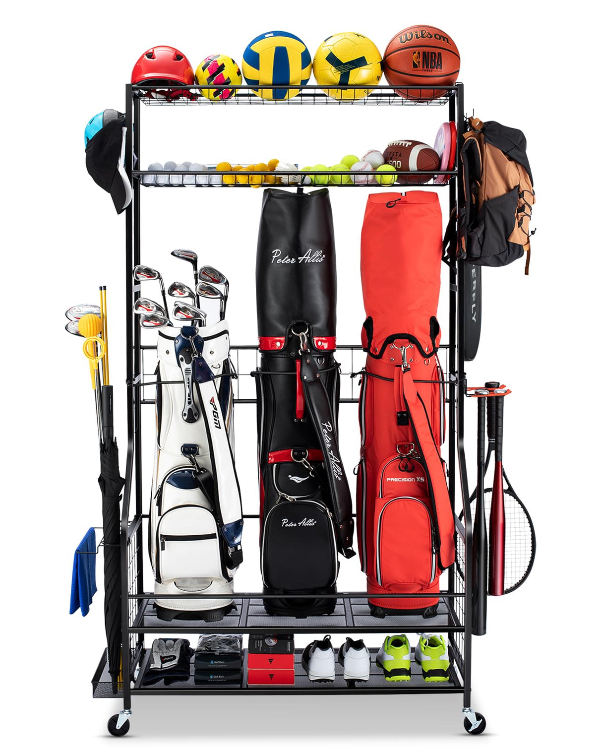 FHXZH Golf Bag Storage Garage Organizer, 3 Golf Bag Stand and Sports Equipment Storage Rack for Garage with Wheels, 4 Hooks, Golf Accessories Storage Rack with Extra Golf Clubs Display Rack FHXZH