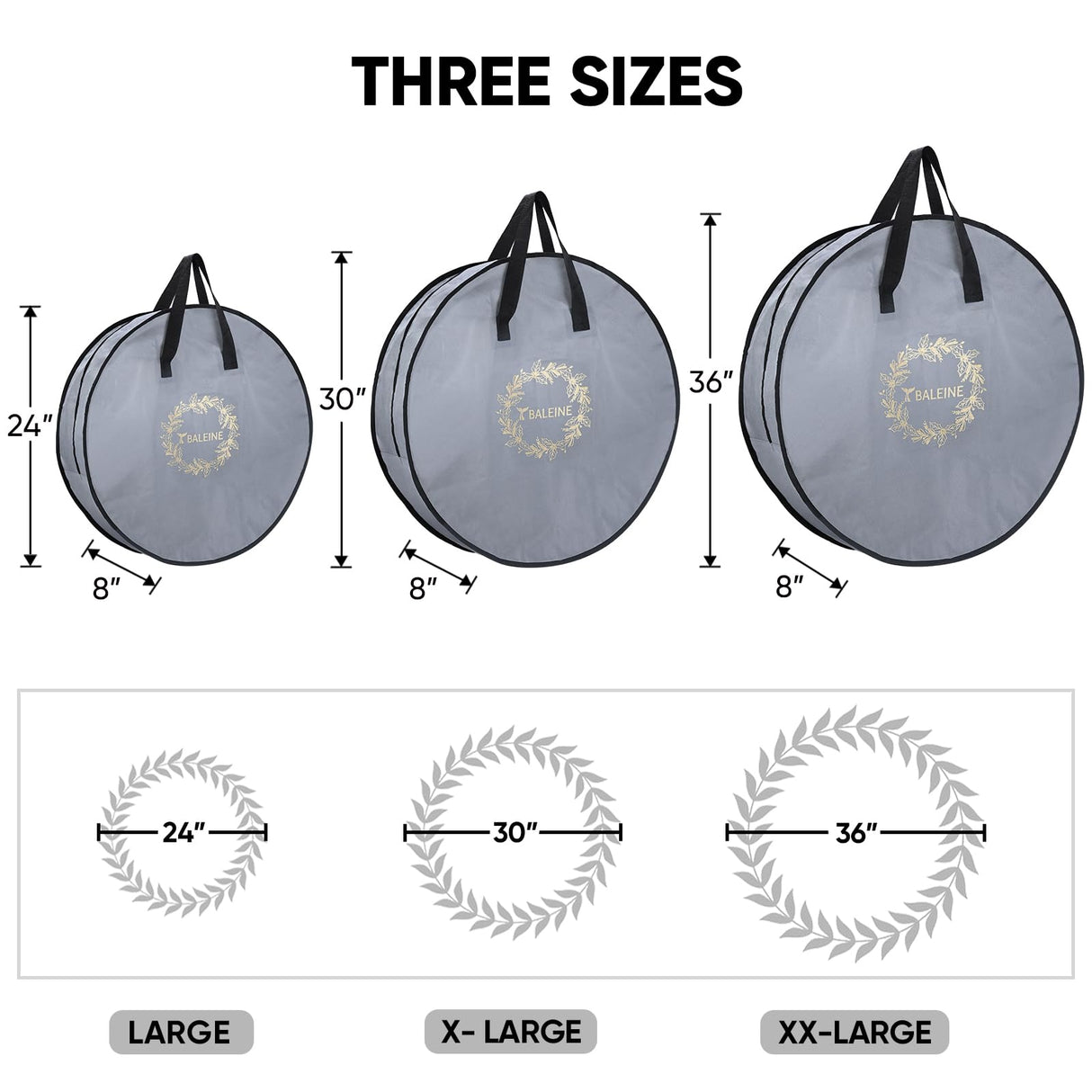 BALEINE 2 Pack Wreath Storage Container, Christmas Wreath Storage Bag with Reinforced Handle for Holiday Xmas (Grey, 30"X8") BALEINE