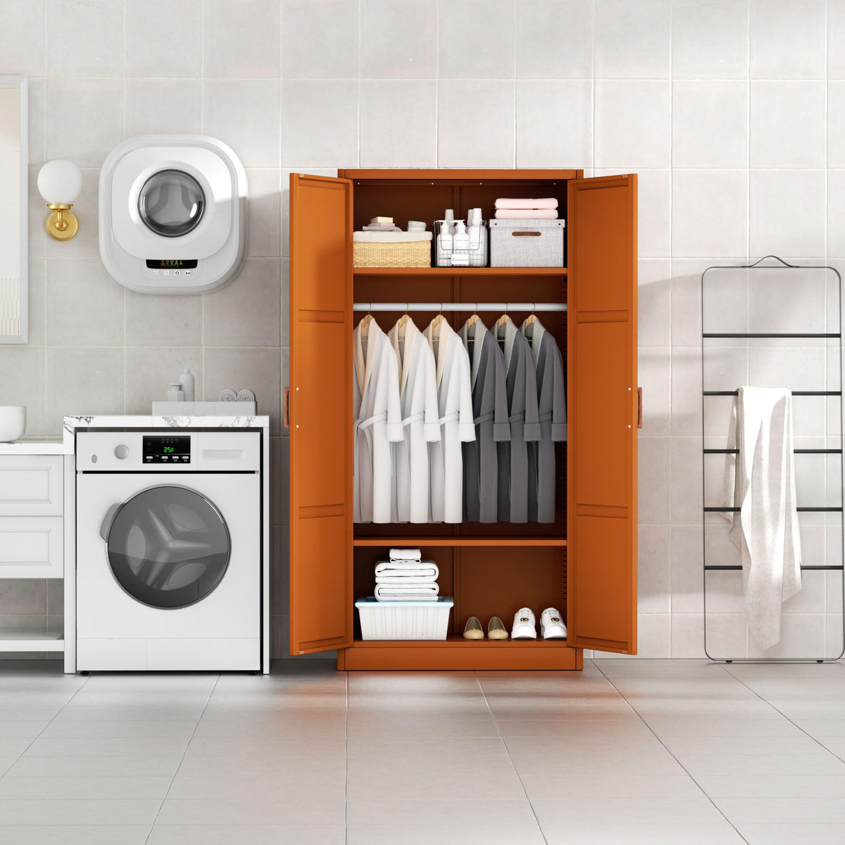 INTERGREAT Metal Armoire Wardrobe Closet with Doors, 71'' Wardrobe Cabinet with Hanging Rod, Armoire with Shelves, Tall Clothing Storage Cabinet for Bedroom, Brown INTERGREAT