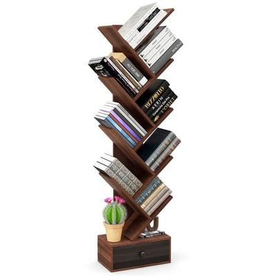 Giantex 10-Tier Tree Bookshelf with Drawer - 59" Freestanding Space Saving Wooden Bookcase, Retro Display Wood Storage Rack, Decorative Bookshelf with Storage for Living Room, Bedroom, Brown