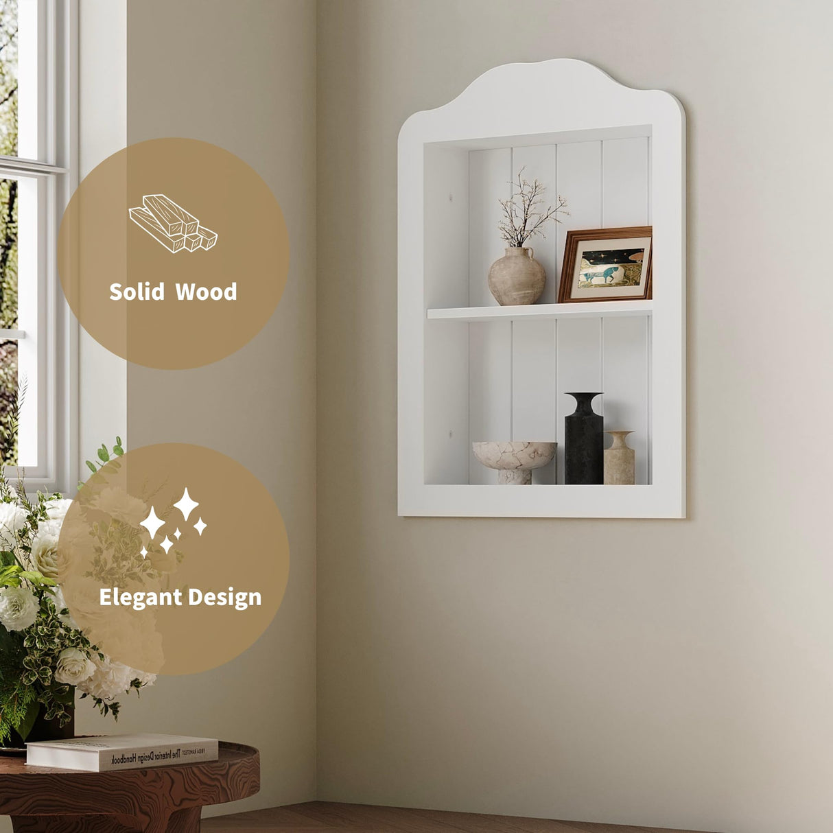 CJL 14'' x 18'' Recessed Medicine Cabinet, Solid Wood in-Wall Bathroom Cabinet, Arched Wall Niche Shelf, 2-Tier, White CJL