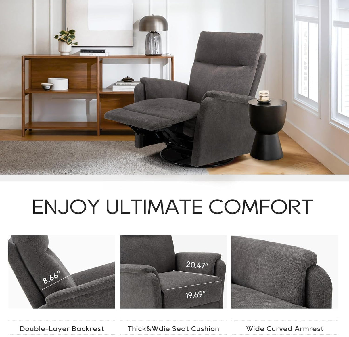 COLAMY Swivel Recliner Chair with Footrest, Strong Glide Chair High Back with Double-Layer Cushion, Rocker Recliner for Nursery & Living Room, Bedroom, Charcoal COLAMY