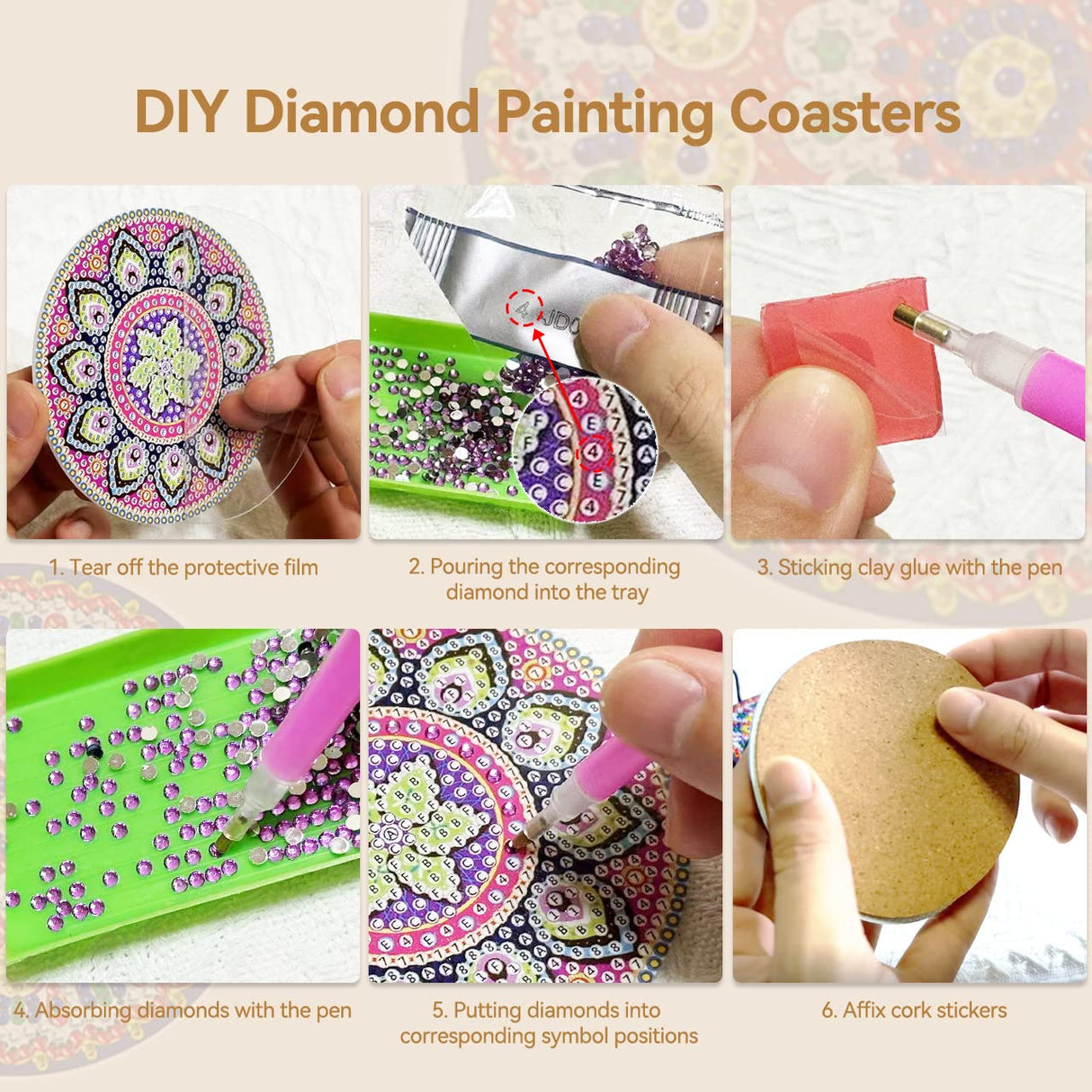 Vcekract Diamond Painting Coasters, 6 Pcs Mandala Diamond Art Coasters with Holder, Crafts Kits for DIY Coasters, Adult Crafts Projects Kits Women Vcekract