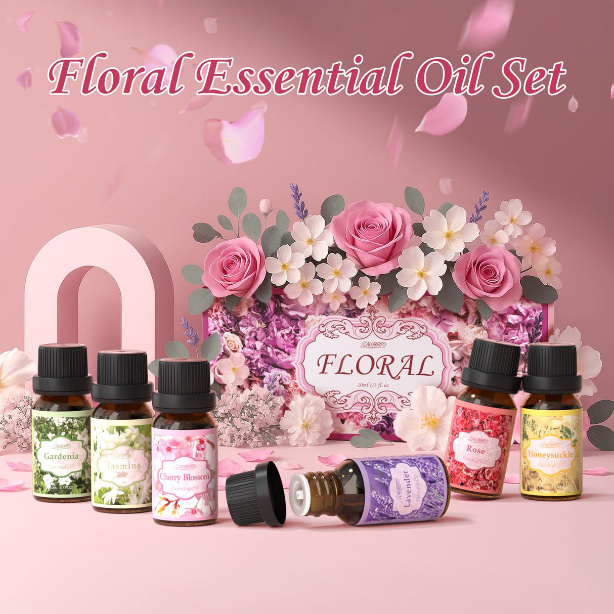 SALUBRITO Floral Fragrance Oils Set, Essential Oils for Diffuser & Candle Making Scents, 6x10ml Aromatherapy Oils Gift Set - Jasmine, Lavender, Rose, Gardenia, Cherry Blossom, Honeysuckle Oil Salubrito