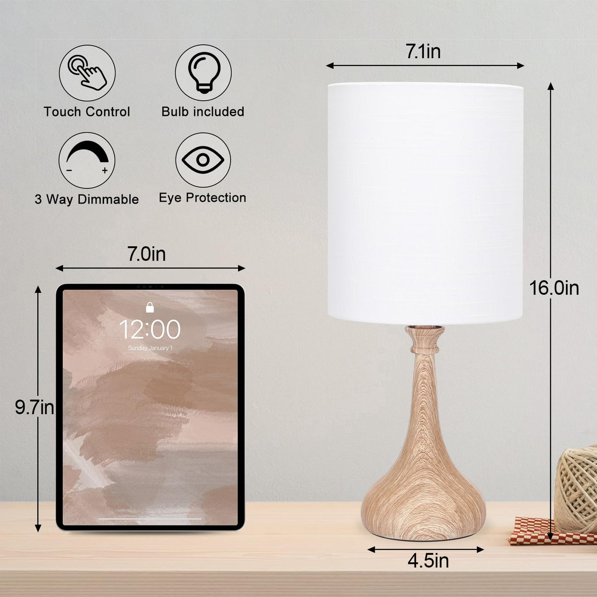 Dimmable Small Table Lamp, Bedside Lamps Touch Control for Bedrooms Nightstand with Wood Grain Base, Desk Lamp Night Light for Office Living Room, 9W 3000K LED Bulb Included Boncoo