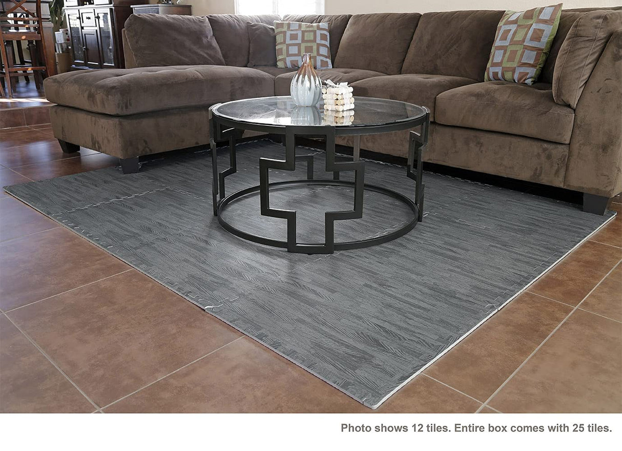 Home Aesthetics 100 Sq. Ft 3/8 Inch Thick Printed Foam Tiles Interlocking Foam Mat, Sea Haze Grey Wood Grain Style Print, (24"x24", 25 pcs), Protective Flooring for Home, Gym Exercise or Trade Show Home Aesthetics