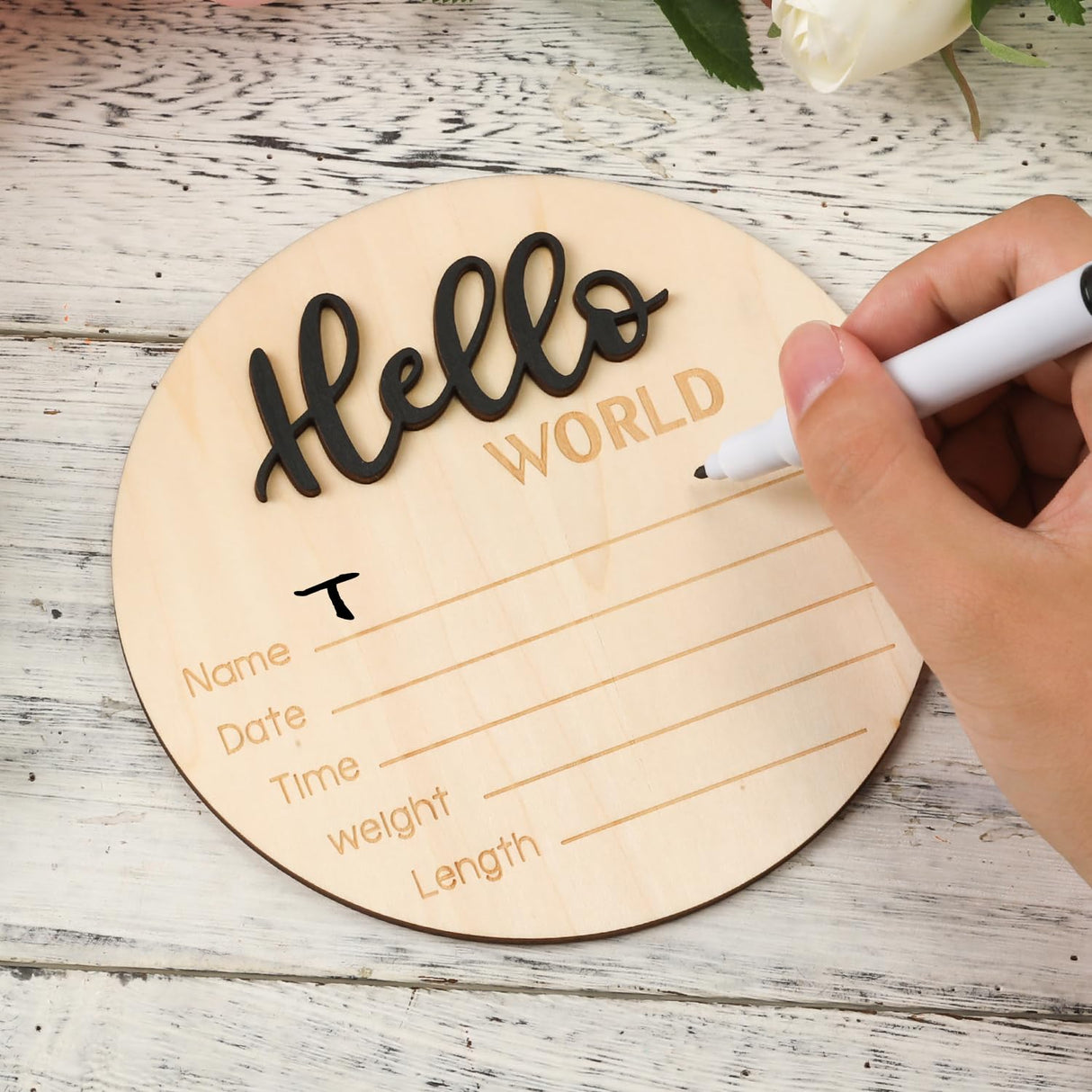 Baby Announcement Sign, 5.9 Inch Wooden Hello World Newborn Welcome Sign Birth Baby Name Plaques for Photo Props Baby Shower Hospital Nursery(Black) NQEUEPN