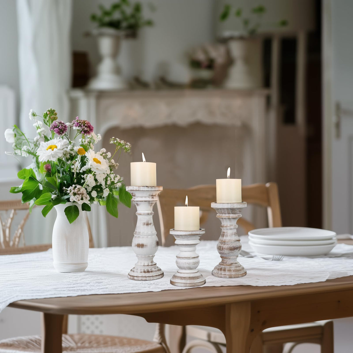 Candle Holder for Pillar Candle Set of 3, Farmhouse Wood Candle Holder, Rustic Wooden Candle Stand, Decorative Wood Candlestick Holders for Living Room, Table Centerpiece (Antique White) CEDARLUX