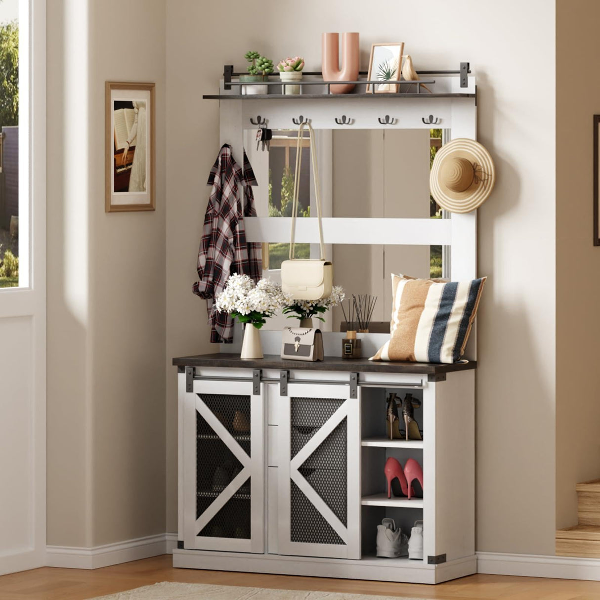 TROPOW Home Farmhouse Hall Tree with High-Definition Mirrors, Spacious Storage Space, and Stable Shoe Cubbies - Multifunctional Coat Rack and Bench for Entryway, White TROPOW