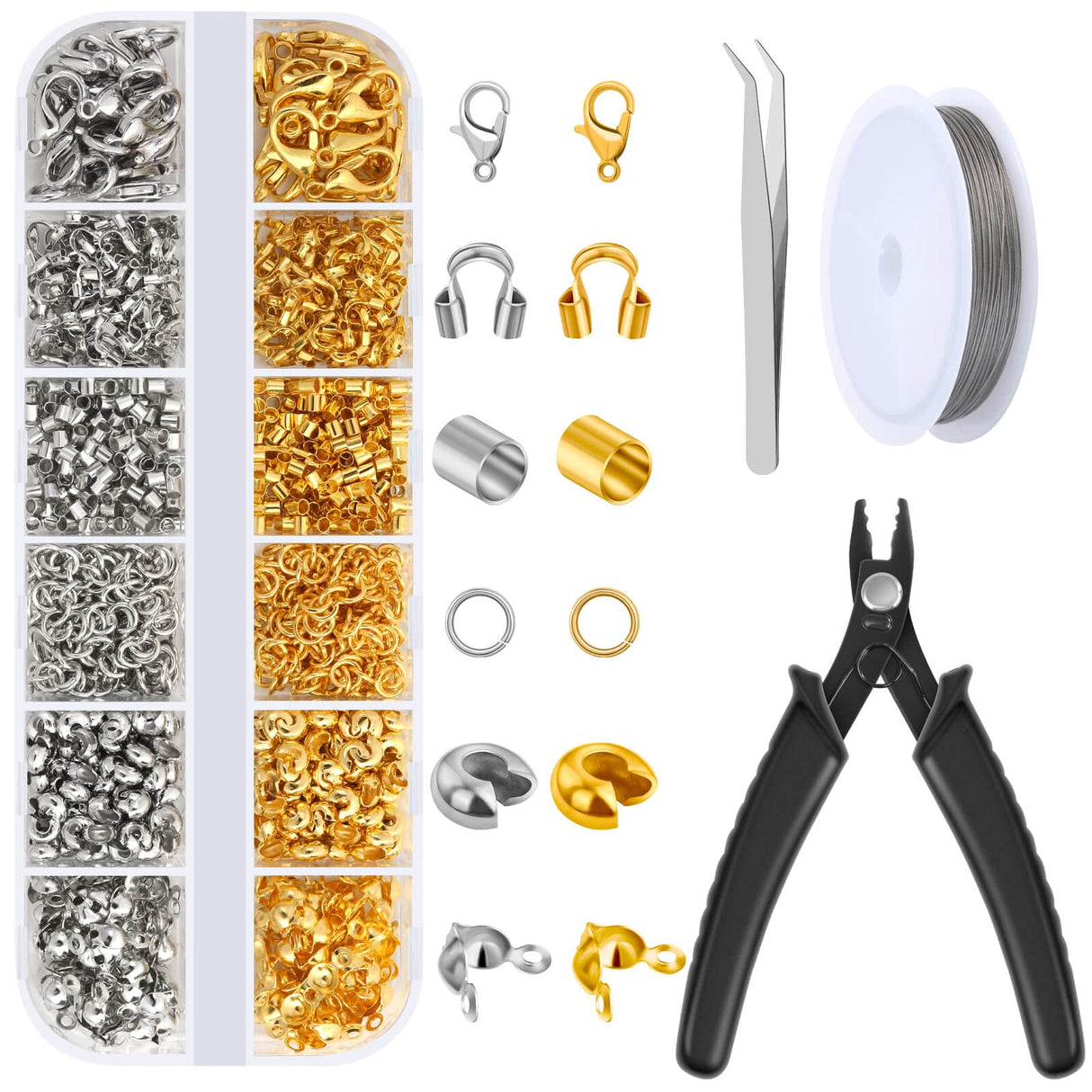 1200 Pcs Crimp Beads Kit for Jewelry Making, Acejoz Crimp Beads, Crimp Covers, Crimp Tubes and Wire Guardians, Lobster Clasps, Jump Rings, Crimping Pliers and Beading Wire for Jewelry Making Acejoz
