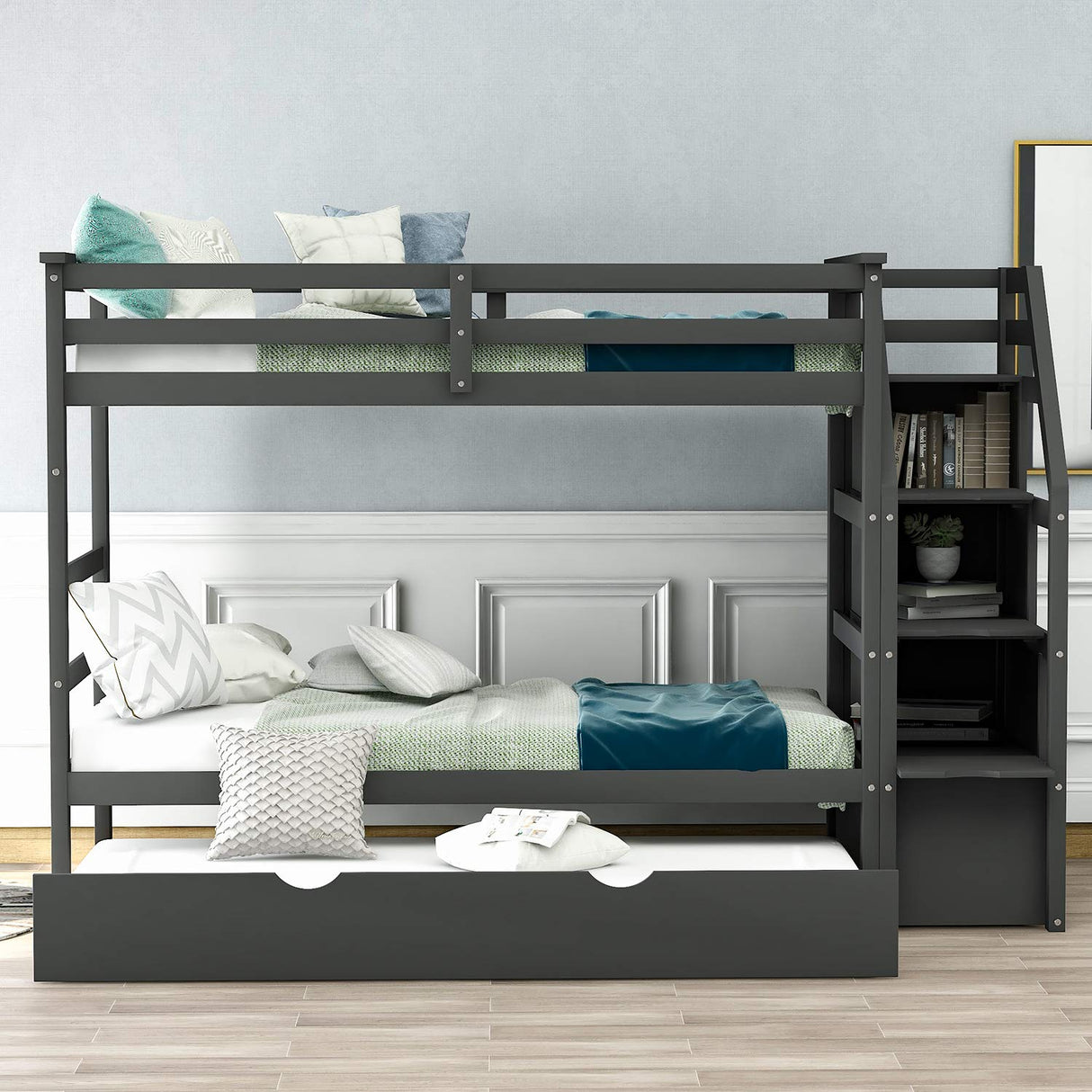 Twin-Over-Twin Bunk Bed with Trundle Bed, Wood Bunk Bed Frame with 3 Storage Stairs and Guard Rail, Space-Saving Design (Grey) Bellemave