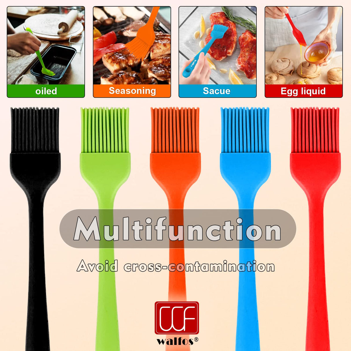 Walfos Silicone Pastry Brush, Heat Resistant Basting Brush Set, Perfect for Baking,BBQ Grill,Kitchen Cooking,Strong Steel Core and One-Pieces Design,BPA Free and Dishwasher Safe (5 Pcs) Walfos