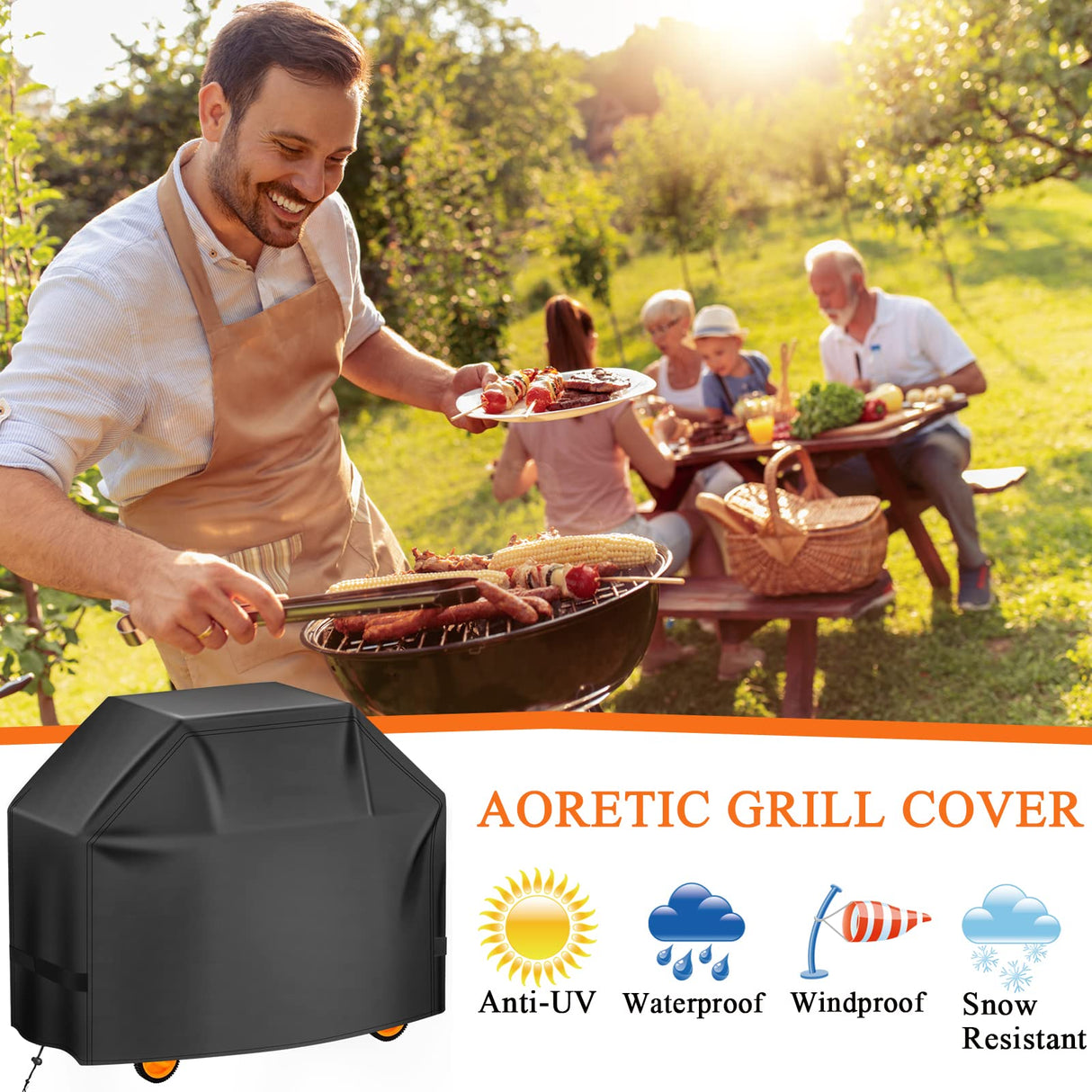 Aoretic Grill Cover 48inches Gas-BBQ Grill Cover for Outdoor Outside Grill Waterproof,Anti-UV Material with Hook-and-Loop & Adjustable Hem Drawstring for Weber Nexgrill Char-Broil Monument Dyna-Glo Aoretic