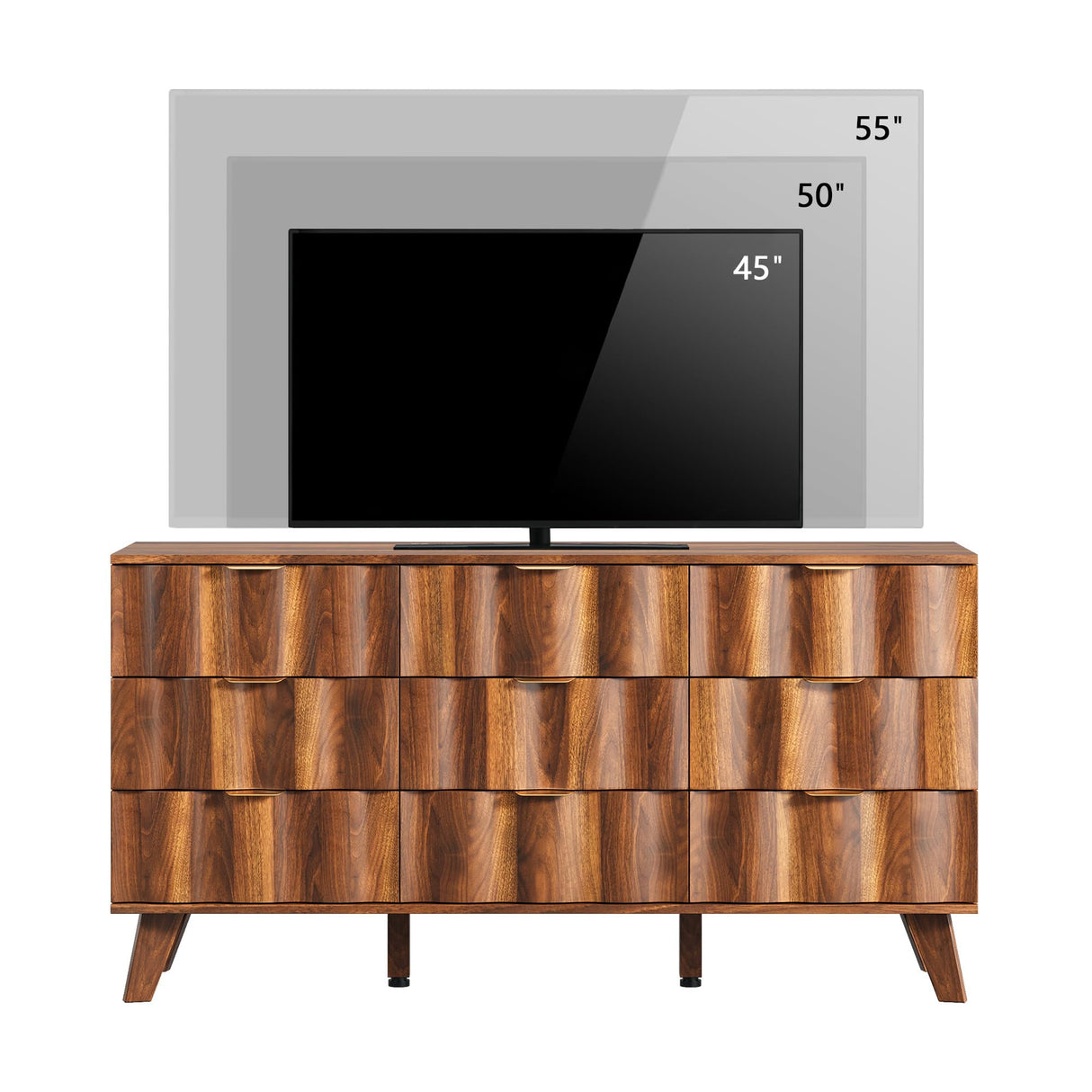 QEIUZON 9 Drawer Dresser, Modern Fluted Storage Dresser with Deep Drawers and Metal Handles, Wood Chest of Drawers Storage Organizer for Bedroom, Living Room, Hallway (Walnut) QEIUZON