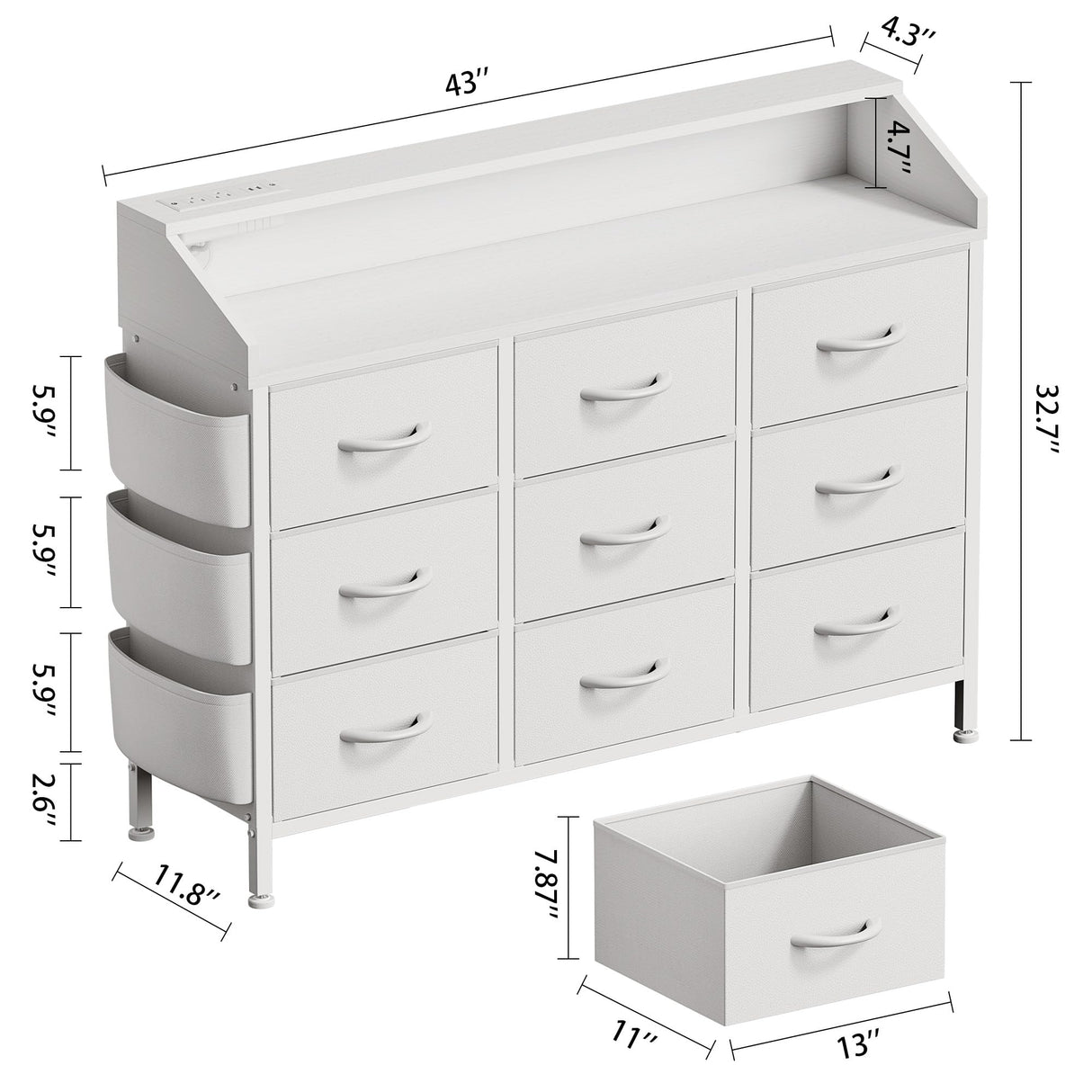Lulive White Dresser for Bedroom 9 Drawers - Fabric Dressers for Bedroom with LED Light & Charging Station - Kids Adults Chest of Drawers for Living Room Hallway Closet Nursery (White) Lulive
