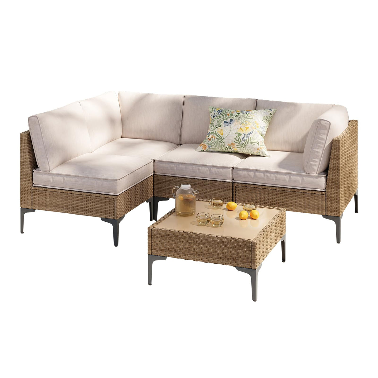 SunloungeCo 5-Piece Patio Furniture Set, Outdoor Wicker Sectional Sofa with Coffee Table, Anti-Slip & Thick All-Weather Cushions for Sunroom,Garden,Backyard, Beige SunloungeCo