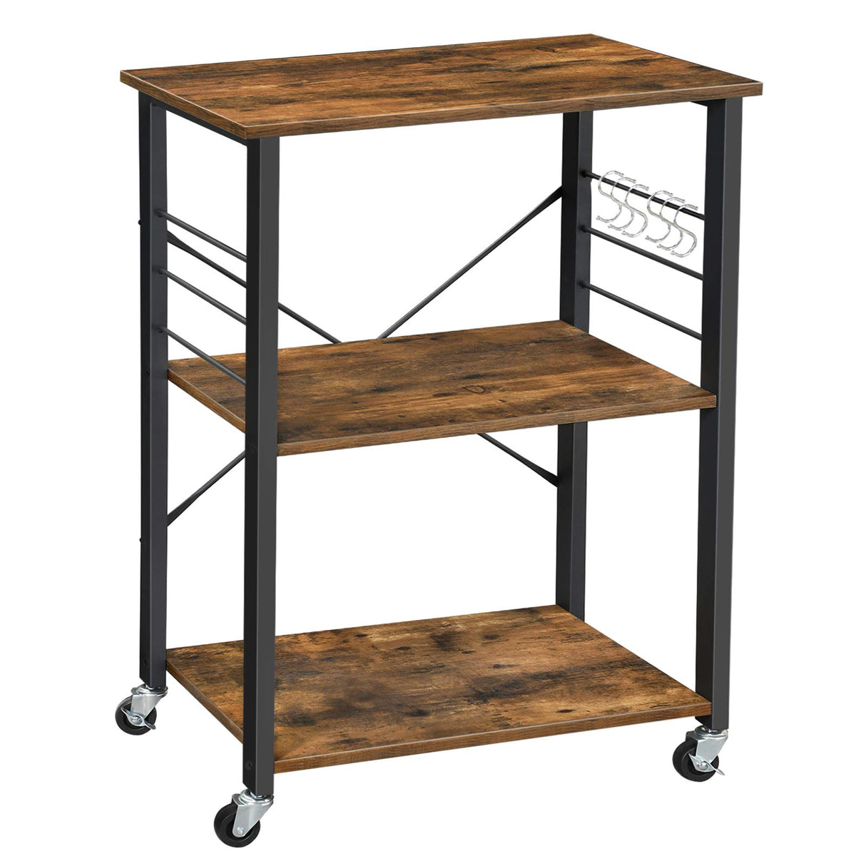 VASAGLE Kitchen Shelf on Wheels, Serving Cart with 3 Shelves, Kitchen Cart, Microwave Shelf, for Mini Oven, Toaster, with 6 Hooks, Industrial Style, Rustic Brown and Black UKKS60XV1 VASAGLE