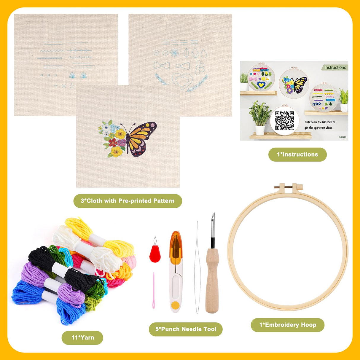 Pllieay 3 Sets Punch Needle Kits, Punch Needle Embroidery Kit for Beginners Including Embroidery Fabric with Pre-Printed Pattern, Hoop, Yarns and Tools Pllieay