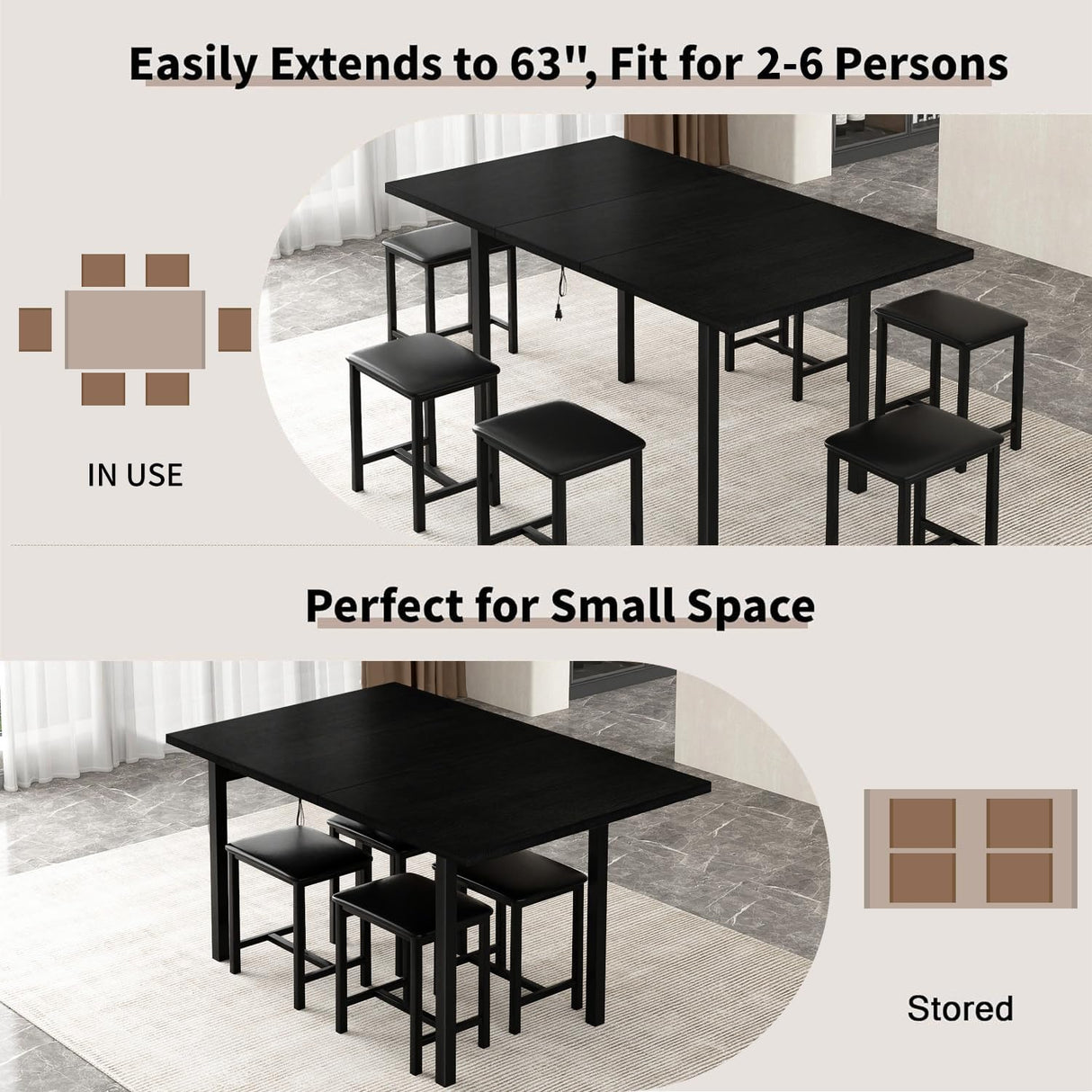 VECELO 7-Piece Dining Table Set with 6 Square Stools, 63" Expandable Kitchen Table with USB Charging & Metal Frame for 2/4/6, Wood Dinette Perfect for Small Spaces, Easy Assembly, Dark Black VECELO