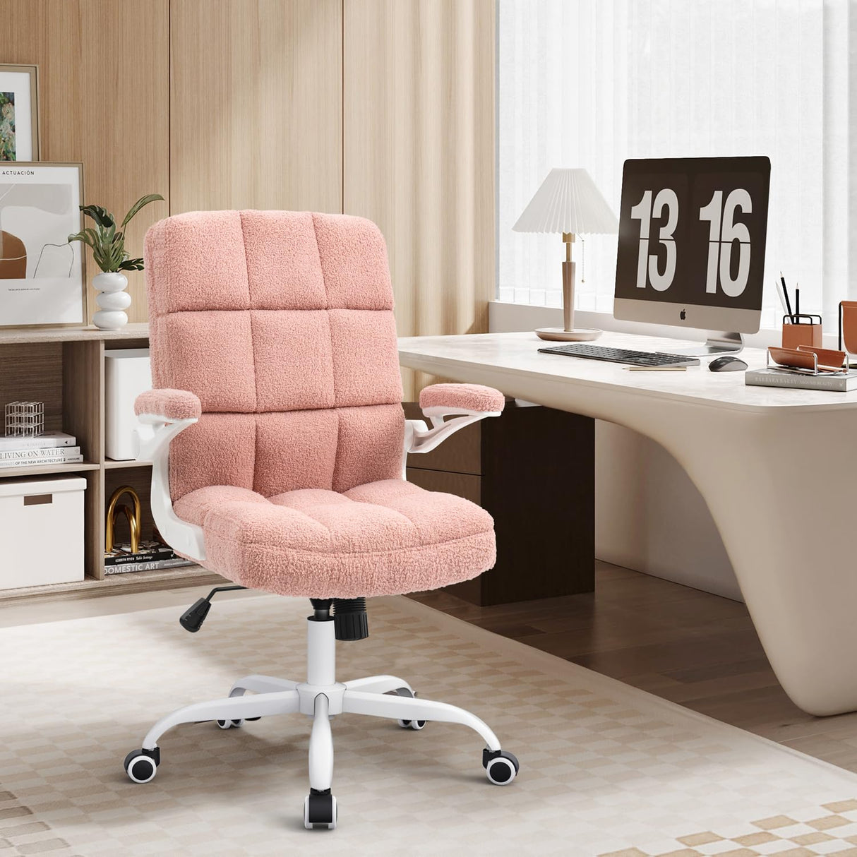 SEATZONE Home Office Chair Ergonomic Executive Desk Chair Comfortable Computer Chair with Flip-up Arms,Faux Fur Chair with Lumbar Support,Pink SEATZONE