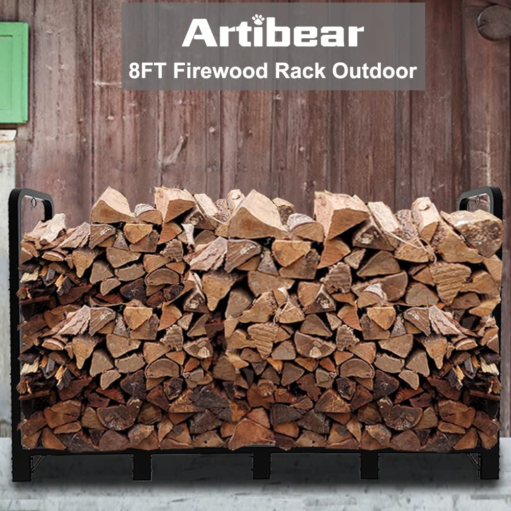 Artibear 8ft Outdoor Firewood Rack, Upgraded Heavy Duty Logs Stand Stacker Holder for Fireplace - Metal Lumber Storage Carrier Organizer, Bright Black Artibear