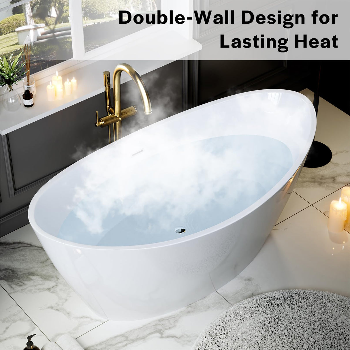 Empava Freestanding Bathtub, Flatbottom Acrylic Soaking Tub, Contemporary Stand Alone Design with Brushed Nickel Drain & Overflow, Glossy White, cUPC Certified, 59 Inch Empava