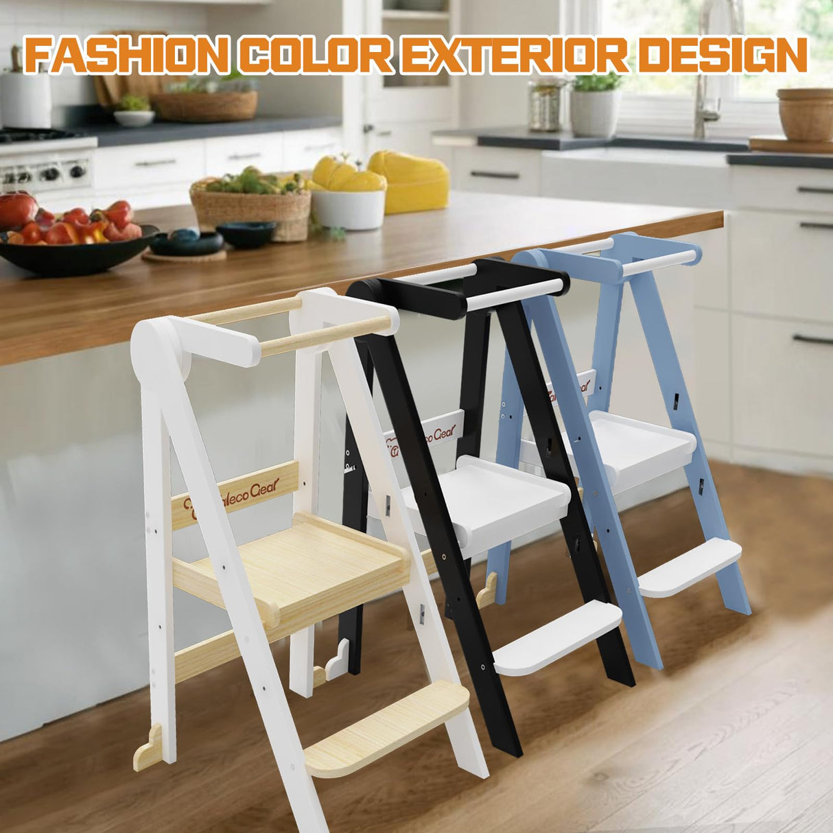 Foldable Toddler Kitchen Stool Helper, Toddler Tower with 3 Adjustable Height, Wooden Toddler Step Stool, Collapsible Toddler Tower, Toddler Stool for Kitchen and Bathroom CaMecequter
