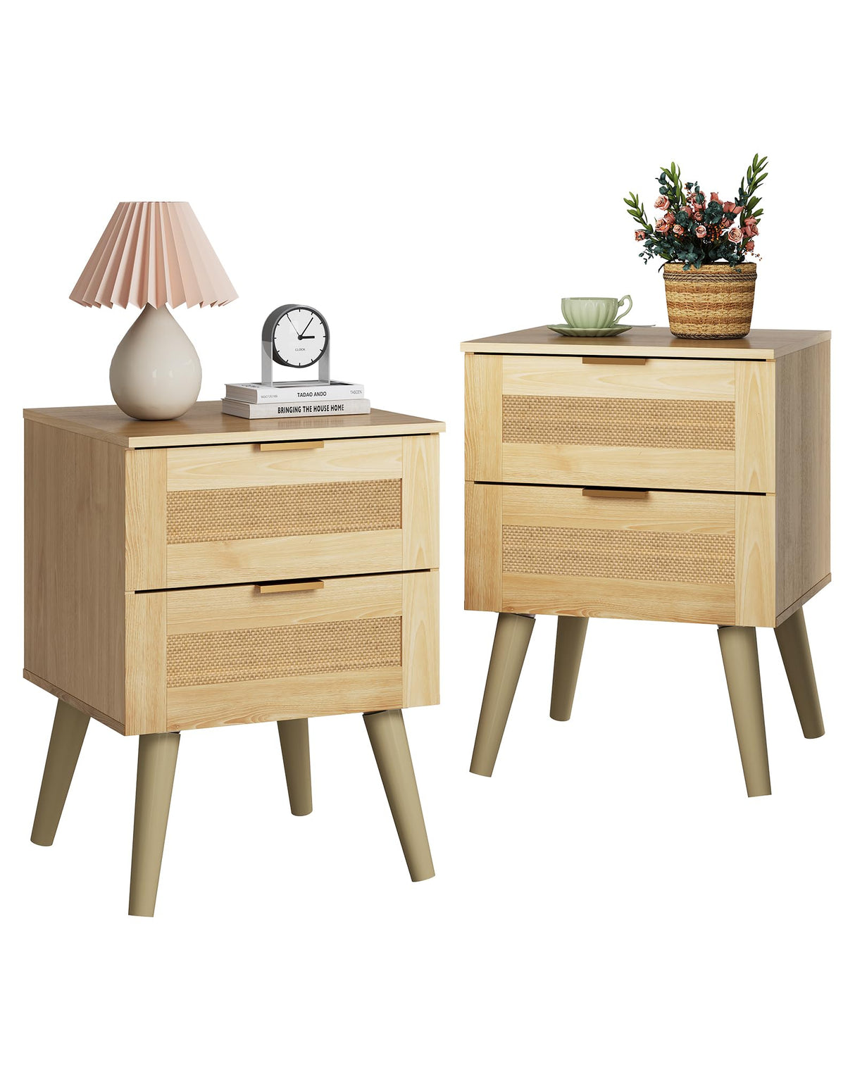 WLIVE Wood Nightstand Set of 2, Night Stand Sets with 2 Rattan Decor Drawers, End Tables with Solid Legs, Bed Side Table for Bedroom, Living Room, Natural Oak WLIVE