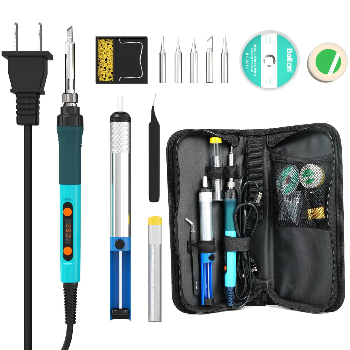 Bakon 90W Soldering Iron Kit, Soldering Practice Kit, 13 In 1 Soldering Electronics Kit, Temperature Adjustment Soldering Station & Solder Wire, 5 Soldering Tips, Desoldering Pump, Tweezers (13 in 1) BAKON