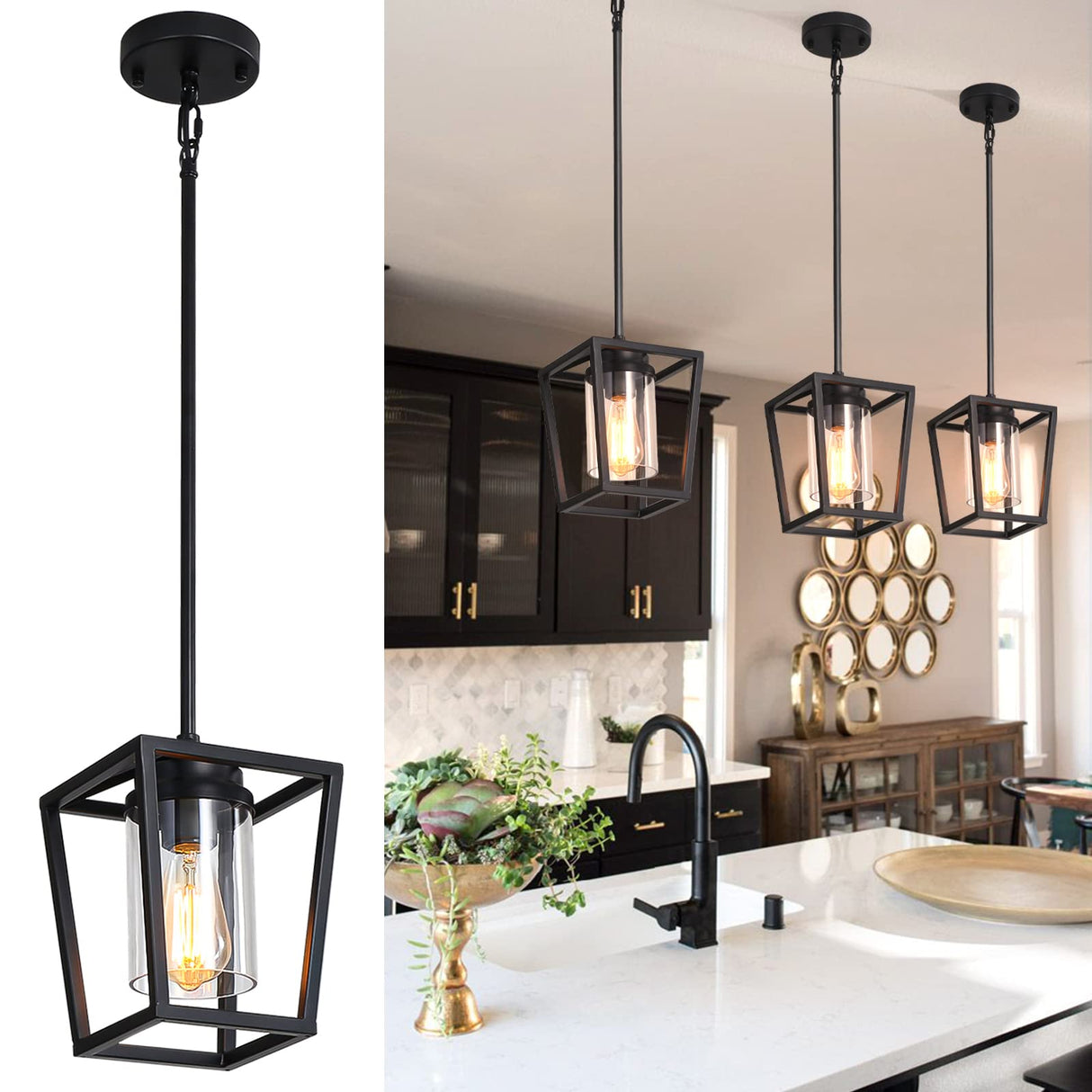 SGLfarmty 1-Light Black Pendant Lights Kitchen Island, Farmhouse Cage Metal Hanging Light Fixtures with Glass Shade,Adjustable Lantern Pendant Lighting for Dining Room, Entryway, Hallway SGLfarmty
