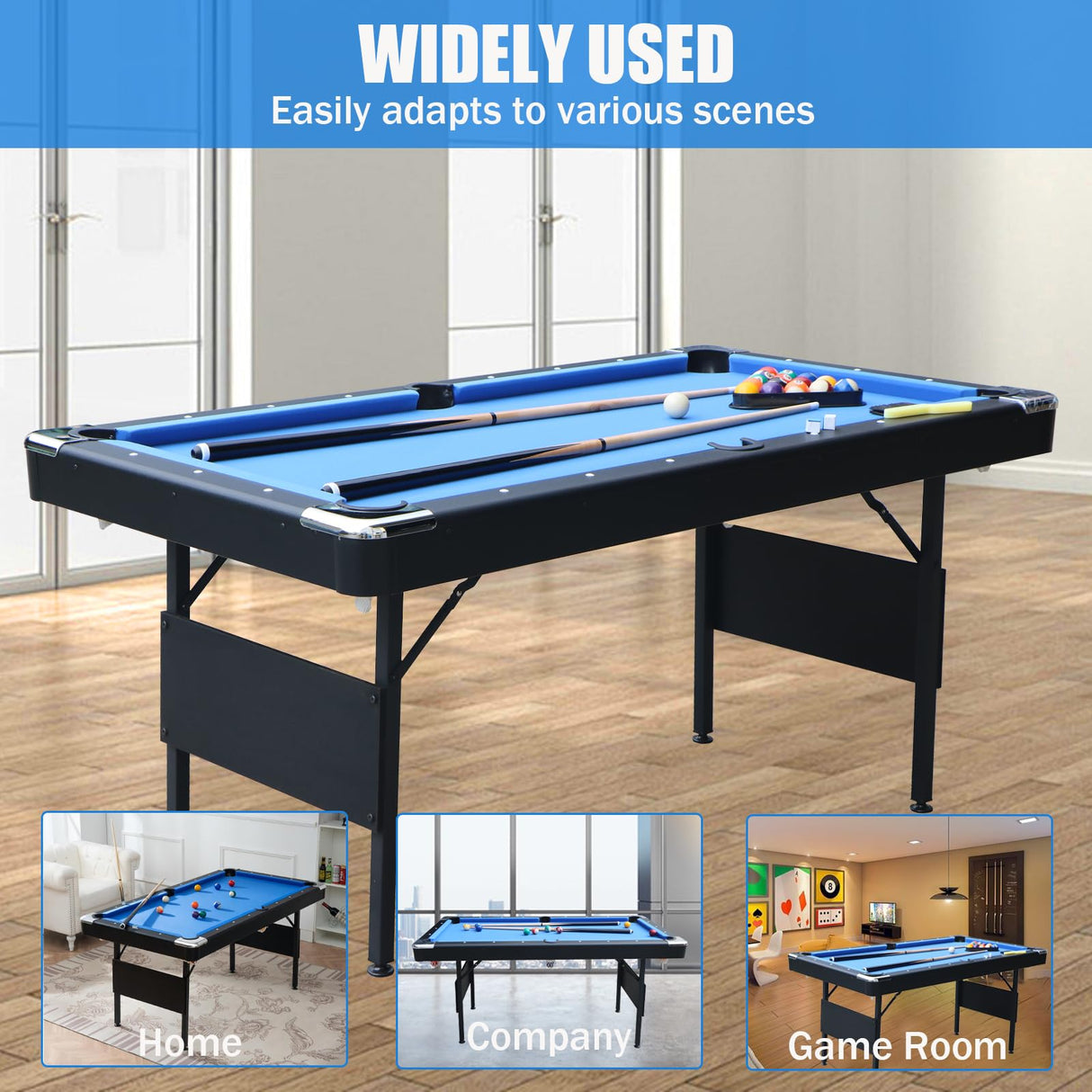 BOSTANA 5.5 ft Pool Table, Billiards Table with Balls, Cues, Chalks and Brush, Portable Foldable Pool Table Perfect for Family Game Room, Blue Black BOSTANA