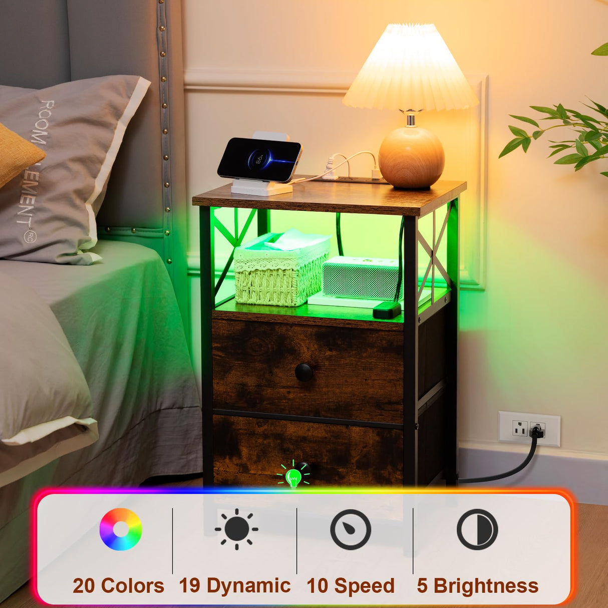 AMHANCIBLE Night Stand Set 2, LED Nightstand with Charging Station, End Tables Living Room with Fabric Drawers, Bedside Table for Bedroom, Rustic Brown, HET052LBR AMHANCIBLE