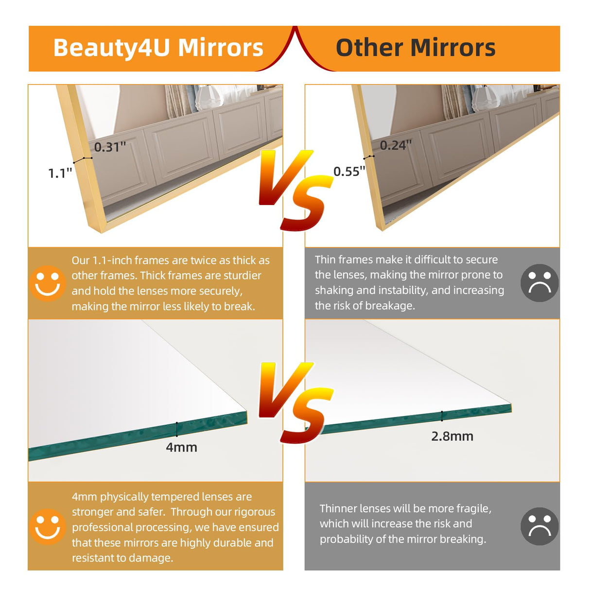 Beauty4U 65" x 24" Full Length Mirror with Stand, Gold Wall Mounting Full Body Mirror, Metal Frame Full-Length Tempered Mirror for Living Room, Bedroom Beauty4U