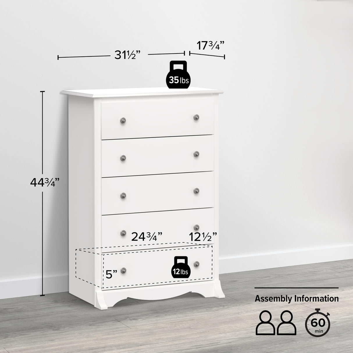 Prepac Sonoma Superior 5-Drawer Chest for Bedroom - Spacious and Stylish Chest of Drawers, Measuring 17.75"D x 31.5"W x 44.75"H, In White Finish Prepac
