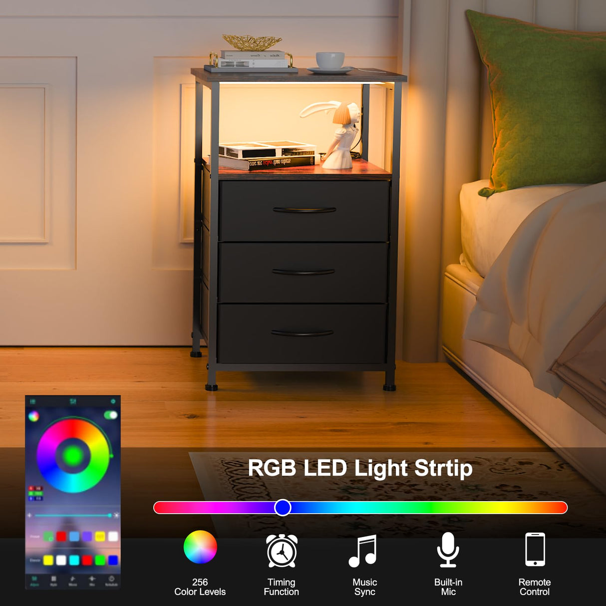 Dicasser Nightstand with Drawers, Bedside Table with Open Shelf, Nightstand with LED, Small Side Table for Small Spaces, Night Stand Storage Shelf for Bedroom, Brown and Black Dicasser